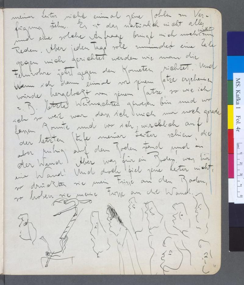 Page from Kafka’s diary with drawings of people’s heads and an acrobat.
